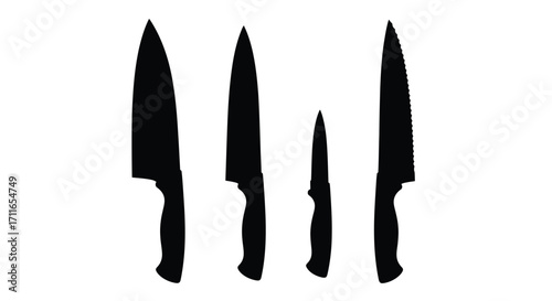 Silhouette of four different kitchen knives lined up ready for food preparation vector