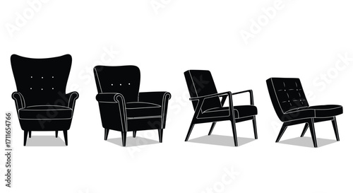 Four black leather armchairs from different angles showcase interior design comfort elegance vector