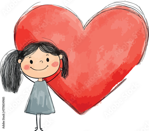 Adorable little girl with pigtails smiling happily beside a large watercolor red heart symbol