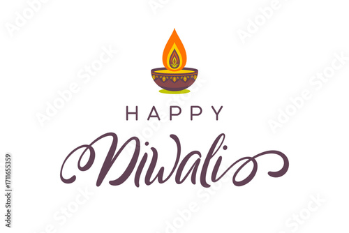 Happy Diwali greeting with decorative diya lamp, flame and festive calligraphy text for Indian festival of lights celebration. Vector.