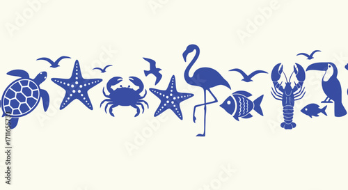 Vibrant blue marine life and tropical birds border design for summer beach vacation themes