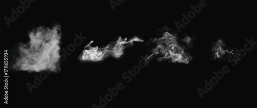 Light flowing smoke isolated on black background. Clouds on dark backdrop. Exploding white powder. Wide realistic illustration	