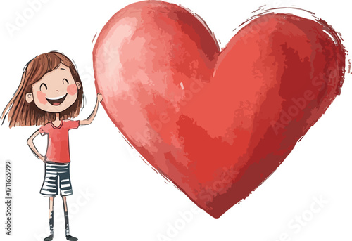 Joyful young girl with brown hair smiles happily standing next to a large red heart illustration