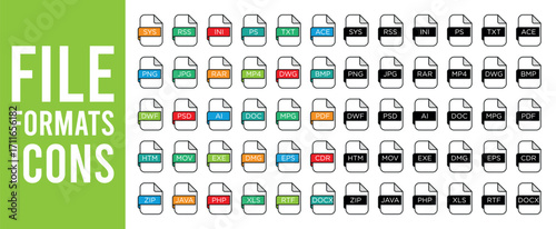 Illustration showing a variety of file format icons with different extensions and color coded labels