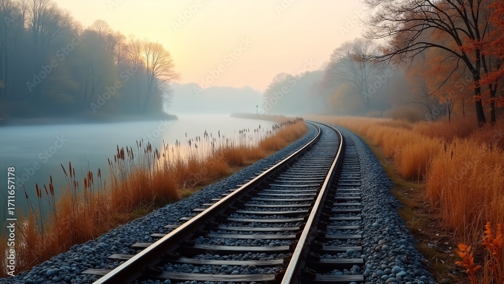 Fototapeta premium Curved Railway by River at Autumn Dawn