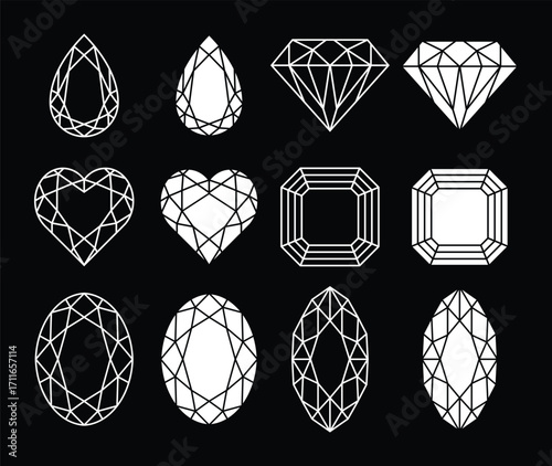 Diamond and gemstone shapes outline set isolated vector illustration