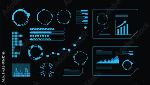 Futuristic infographic dashboard elements with charts and graphs isolated vector illustration