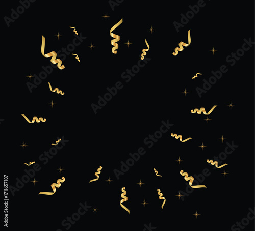 Golden confetti and stars frame on black background isolated vector illustration