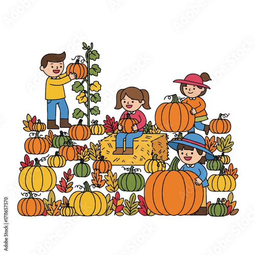 Illustration of four children playing and picking pumpkins in a vibrant patch with various sized pumpkins and fall leaves on a white background.