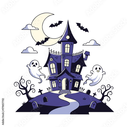 Illustration of a haunted house with ghosts and bats under a crescent moon on a spooky hill with gravestones and bare trees.