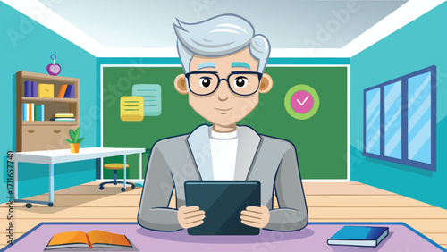 Engaging cartoon teacher holding tablet in bright classroom setting, ready to inspire young minds and bring educational content to life digitally