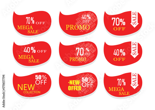 Red sale discount labels set with promo offers and percentages isolated on white background