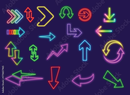 Neon glowing arrow icons set isolated on dark background