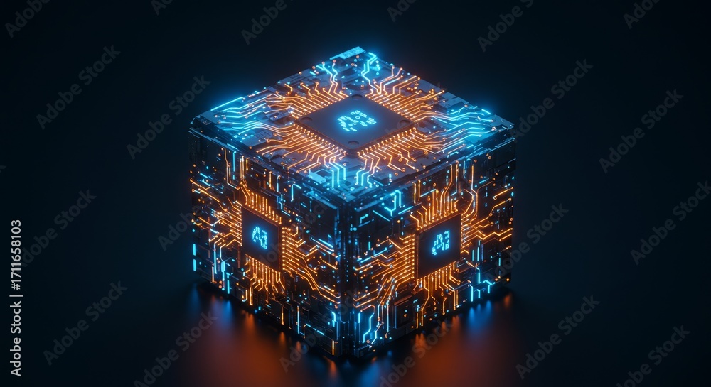 Obraz premium Futuristic glowing cube with digital lines representing AI data processing