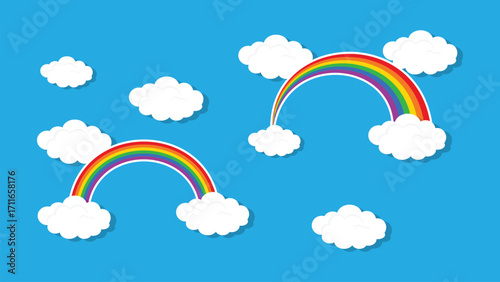 Rainbow and Cloud Cartoon Set Isolated on Blue Background