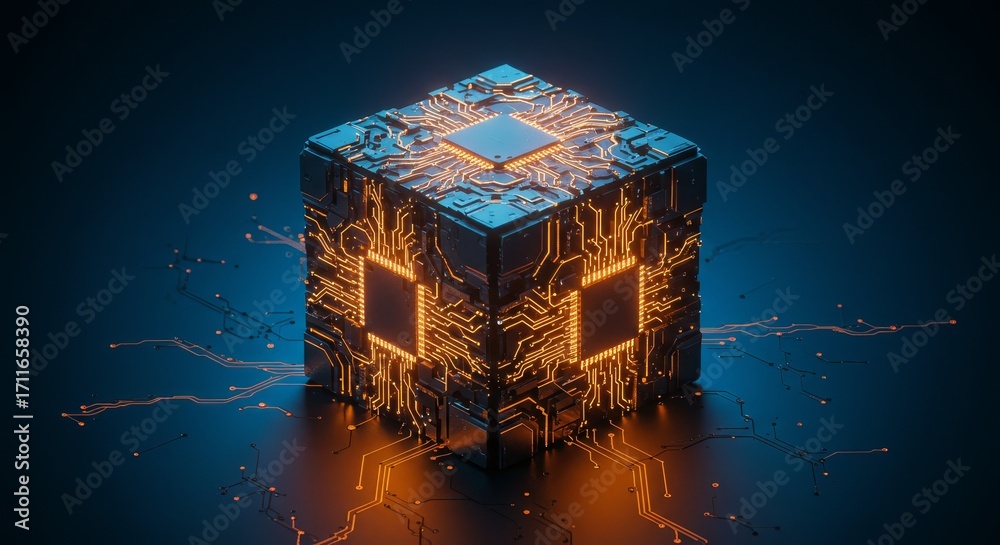Obraz premium Abstract digital cube with glowing circuits representing advanced technology