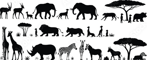 African wildlife silhouettes, safari animals, wild animals, elephant, giraffe, zebra, lion, rhino, savannah landscape, nature, wildlife reserve, animal group,  