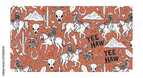 Whimsical skeleton cowboys ride horses across a desert landscape with skulls and cacti