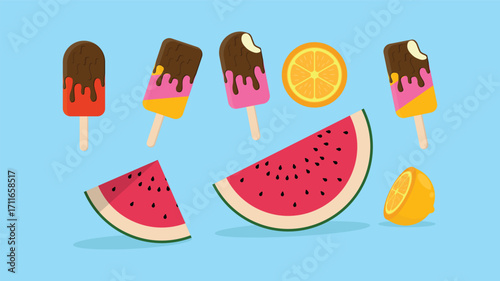 Summer Fruit and Ice Cream Set Isolated on Blue Background