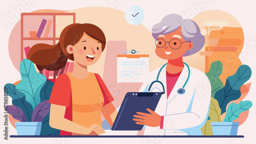 Caring doctor consulting with happy patient in modern office, building trust during medical examination and offering professional healthcare advice