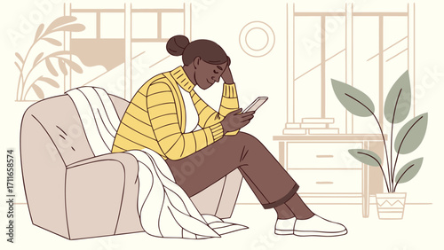 Stylish woman browsing her phone, relaxing in a comfortable armchair at home, offering a moment of calm in a modern living space