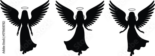 Angel silhouette, three figures, heavenly wings, halo above head, divine spiritual art, black shadow illustration, celestial female angels, flying angel set, sacred holy symbols