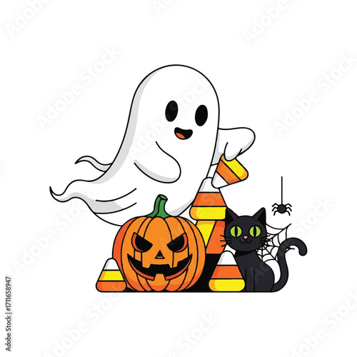 A cheerful ghost and a black cat with a spider beside a jack-o'-lantern and candy corn on a white background with a playful and spooky mood.