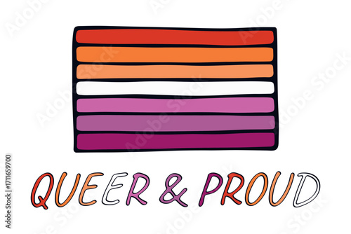 Colorful Lesbian pride flag Happy pride day LGBTQ community Pride Month Vector hand drawn doodle for posters, stickers, logo, cards