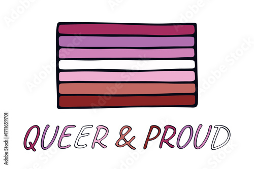 Colorful Lesbian pride flag Happy pride day LGBTQ community Pride Month Vector hand drawn doodle for posters, stickers, logo, cards