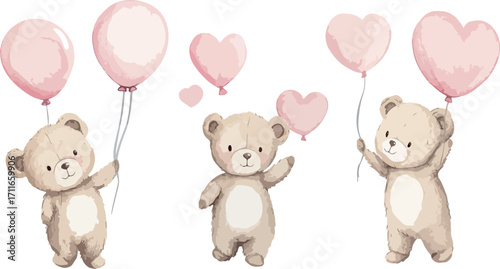 Three adorable watercolor teddy bears holding pink heart shaped balloons on a white background