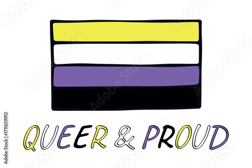 Colorful Non-binary pride flag Happy pride day LGBTQ community Pride Month Vector hand drawn doodle for posters, stickers, logo, cards