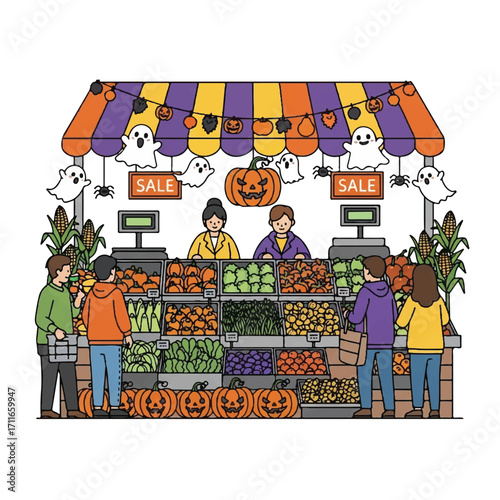 Colorful illustration of people shopping for fruits and vegetables at a festive Halloween-themed market stand with sale signs and decorations.