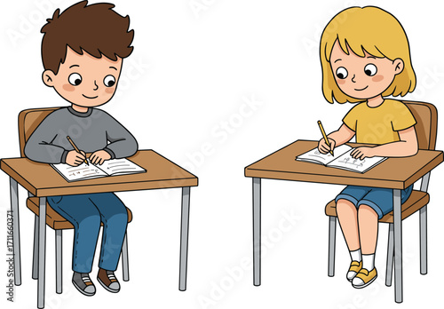 Two happy children sitting at desks, writing in notebooks with pencils, focused on schoolwork, learning, education, classroom study time