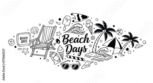 Beach Days illustration with sunglasses, ice cream, palm trees, and waves for summer fun