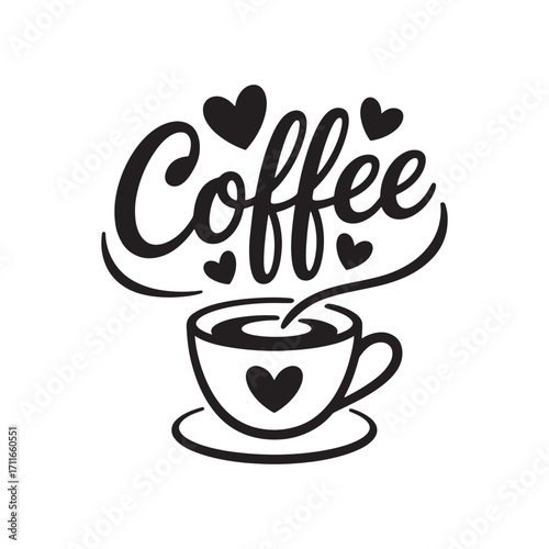 Elegant Coffee Illustration with Heart Accents for Beverage Lovers A Stylish Black and White Design Featuring Coffee Cup and Affectionate Heart Details