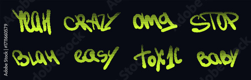 Collection of slang graffiti texts created in bold pixel halftone look with bright acid gradient colors. Ideal for street-inspired posters, digital artwork, and early 2000s aesthetic designs.