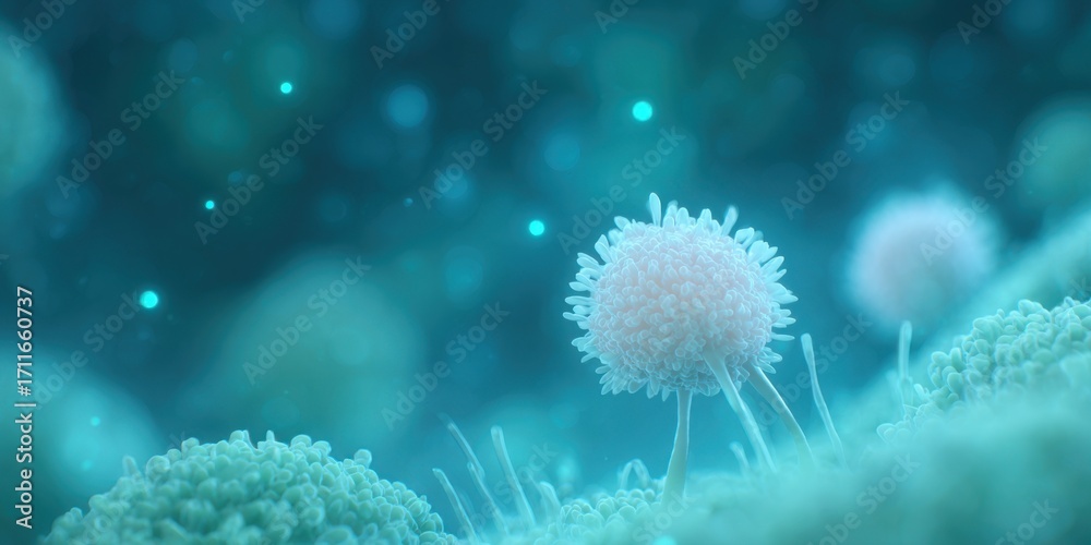 Obraz premium Delicate macro shot revealing microscopic world a close-up view of a spherical cell, highlighted with shimmering blue lights, evoking a sense of biological wonder.