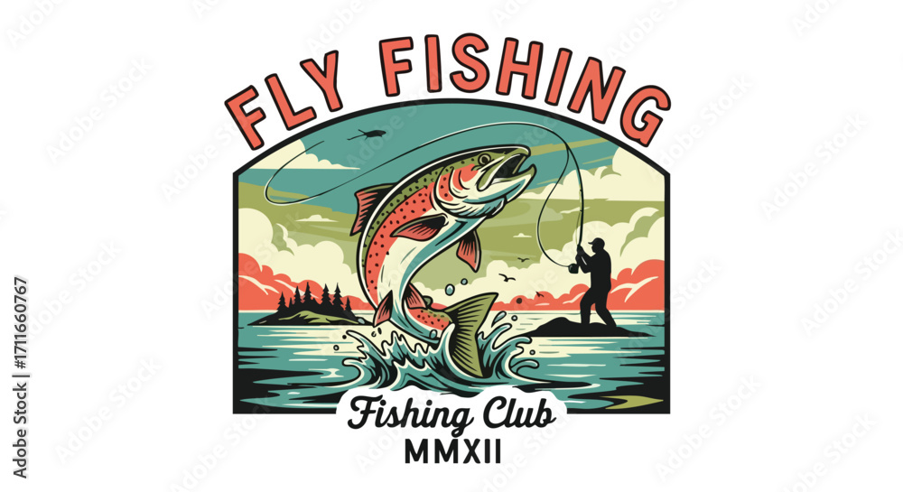 Obraz premium Fly fishing club logo with leaping trout and fisherman in vintage style, ideal design