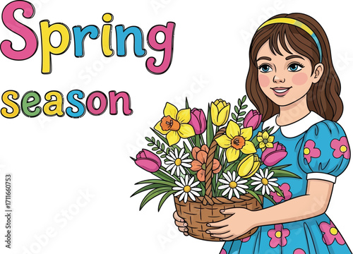 Spring season illustration, a girl carrying a basket full of flowers, colorful drawing