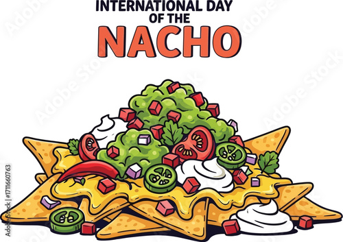 International day of nacho illustration, a pile of nachos with guacamole
