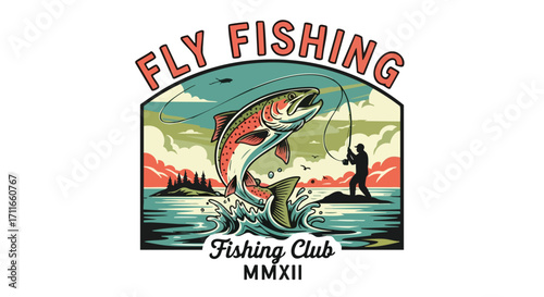 Fly fishing club logo with leaping trout and fisherman in vintage style, ideal design