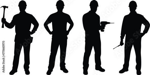 Silhouette of Construction Workers Team with Tools,onstruction workers team vector art design,construction uniforms vector,work silhouettes collection,Construction workers,Builder, Engineer, Ai