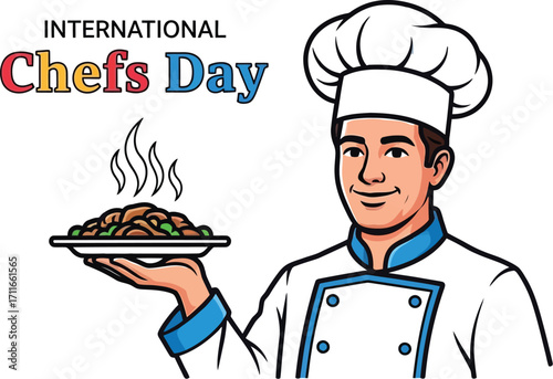 Celebrating international chefs day with a happy chef holding a plate