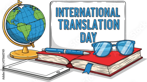 International translation day with globe, books, tablet, and glasses isolated on white background