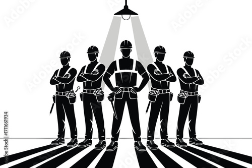 Silhouette of Construction Workers Team with Tools,onstruction workers team vector art design,construction uniforms vector,work silhouettes collection,Construction workers,Builder, Engineer, Ai