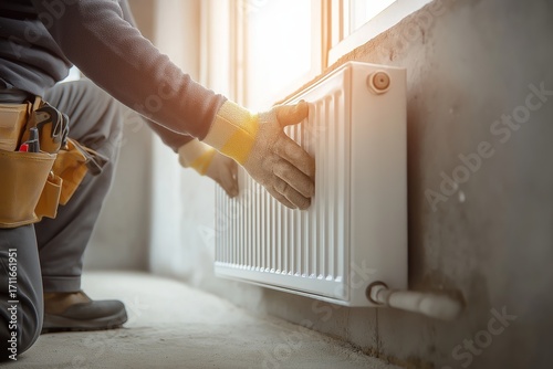 Technician installs a new radiator in a bright modern room during daytime renovation work