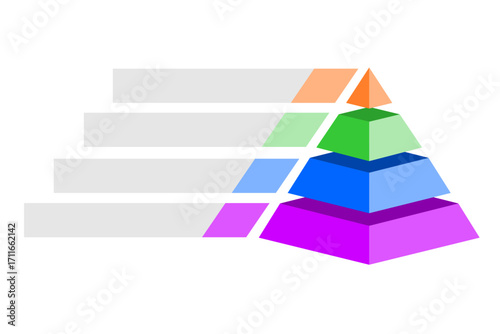 Infographic hierarchical illustration of orange with purple with blue and green triangle divided, Pyramid shape four layers for presenting business ideas or disparity and statistical