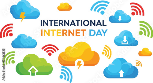 Colorful illustration for international internet day with clouds, wifi symbols, and download and upload icons