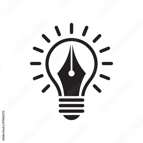 Creative Writing and Ideas Icon Representing a Fountain Pen Inside a Lightbulb with Radiating Lines Symbolizing Inspiration for Writers and Literary Minds