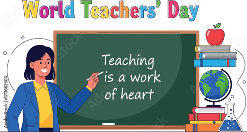 Celebrating world teachers day with a teacher writing a chalkboard with books and apple